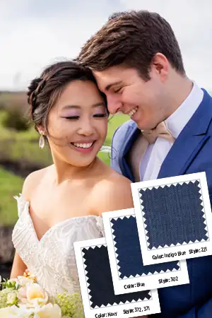 Groom and wife smiling with blue fabic swatches. 