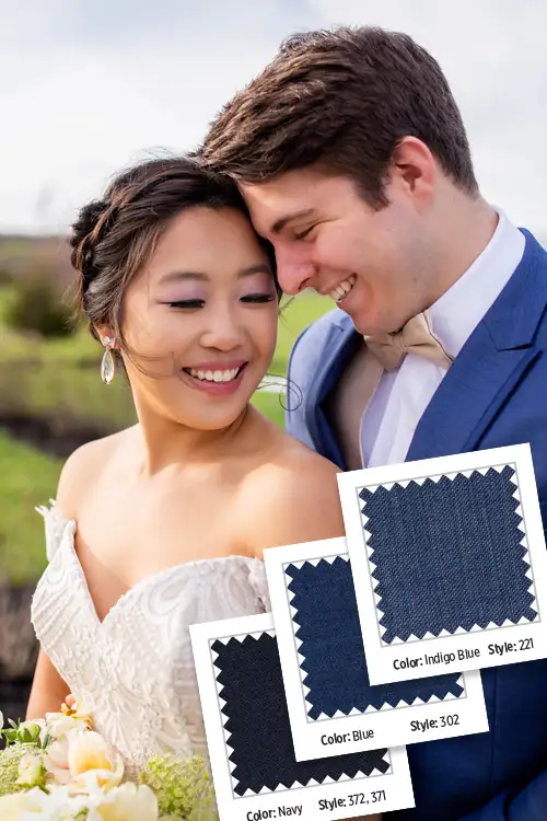 Groom and wife smiling with blue fabic swatches. 