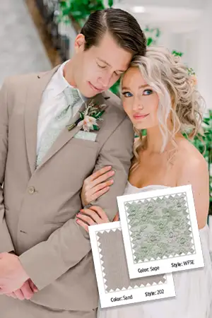 Groom and bride posing with tan and patterned fabric swatches. 